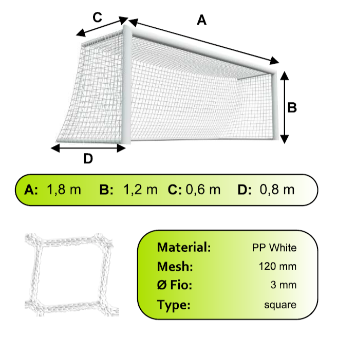 Sieť futbalovej bránky 1,8x1,2x0,6x0,8m/3mm#120mm 2ks biela