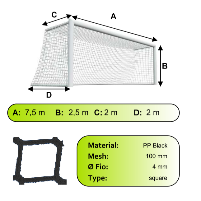 Sieť futbalovej bránky 7,5x2,5x2x2m/4mm#100mm 2ks čierna