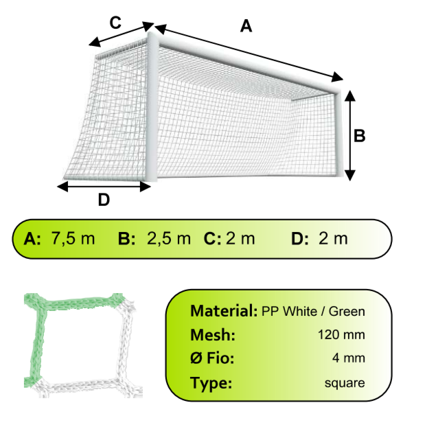 Sieť futbalovej bránky 7,5x2,5x2x2m/4mm#120mm 2ks bielo zelená