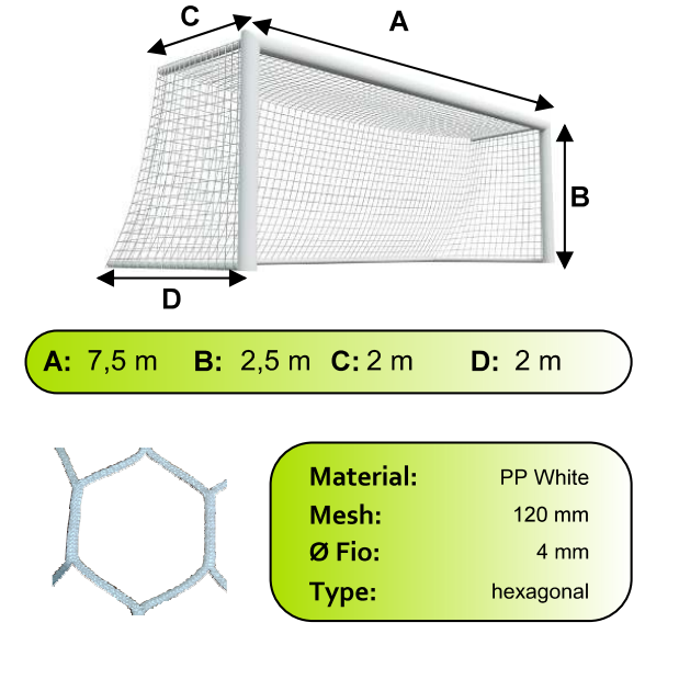 Sieť futbalovej bránky 7,5x2,5x2x2m/4mm#120mm 2ks biela hexagón