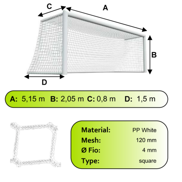 Sieť futbalovej bránky 5x2x0,8x1,5m/4mm#120mm 2ks biela