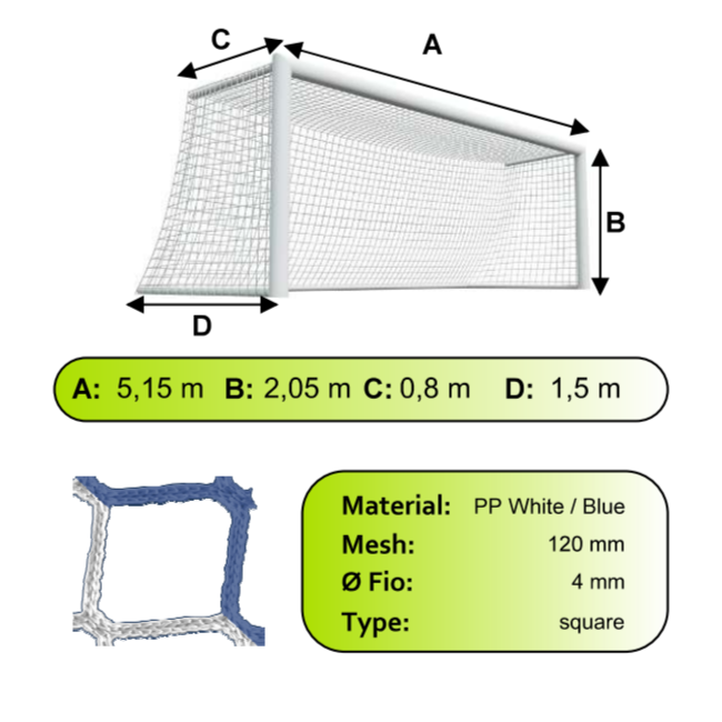 Sieť futbalovej bránky 5x2x0,8x1,5m/4mm#120mm 2ks bielo modrá