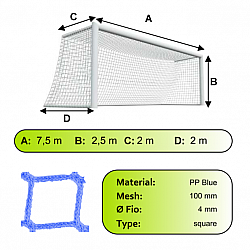 Sieť futbalovej bránky 7,5x2,5x2x2m/4mm#100mm 2ks modrá