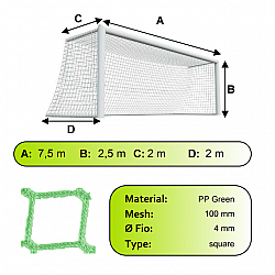 Sieť futbalovej bránky 7,5x2,5x2x2m/4mm#100mm 2ks zelená