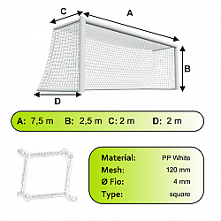 Sieť futbalovej bránky 7,5x2,5x2x2m/4mm#120mm 2ks biela