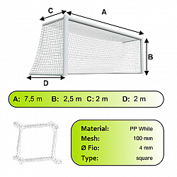 Sieť futbalovej bránky 7,5x2,5x2x2m/4mm#100mm 2ks biela