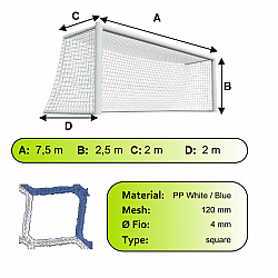 Sieť futbalovej bránky 7,5x2,5x2x2m/4mm#120mm 2ks bielo modrá