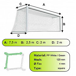 Sieť futbalovej bránky 7,5x2,5x2x2m/4mm#120mm 2ks bielo zelená