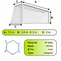 Sieť futbalovej bránky 7,5x2,5x2x2m/4mm#120mm 2ks biela hexagón