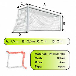 Sieť futbalovej bránky 7,5x2,5x2x2m/4mm#120mm 2ks bielo červená