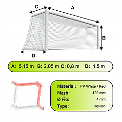 Sieť futbalovej bránky 5x2x0,8x1,5m/4mm#120mm 2ks bielo červená