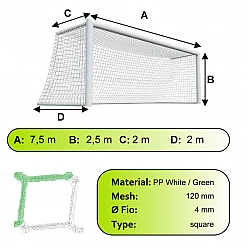 Sieť futbalovej bránky 7,5x2,5x2x2m/4mm#120mm 2ks bielo zelená