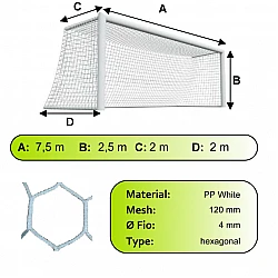 Sieť futbalovej bránky 7,5x2,5x2x2m/4mm#120mm 2ks biela hexagón