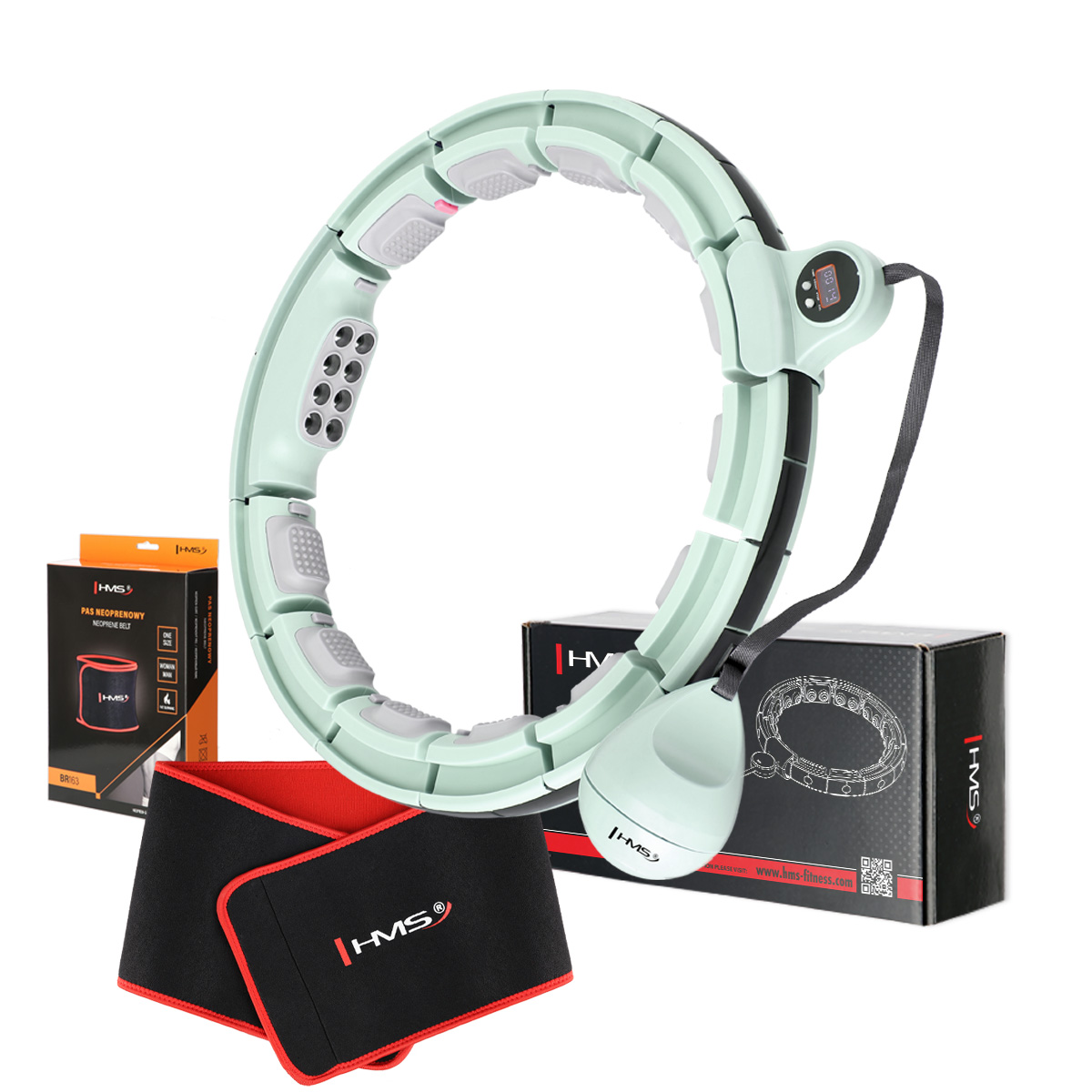 Sada masážní hula hoop HMS HHM13 se závažím, magnety a počítadlem a zeštíhlujícího pásu BR163 zelená