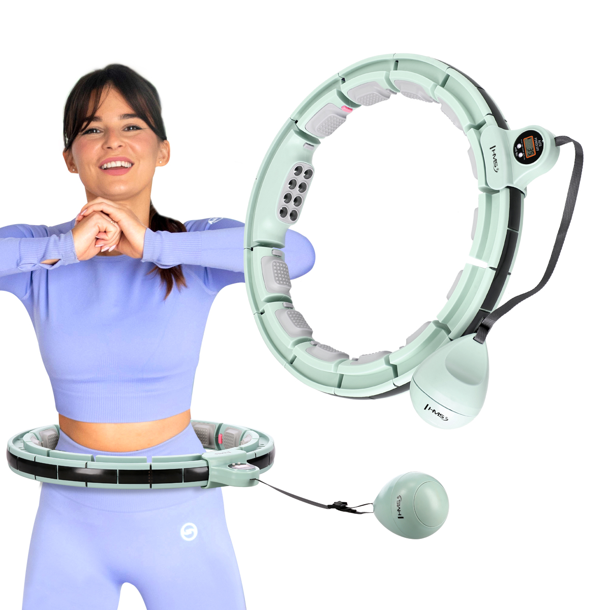 Sada masážní hula hoop HMS HHM13 se závažím, magnety a počítadlem a zeštíhlujícího pásu BR163 zelená