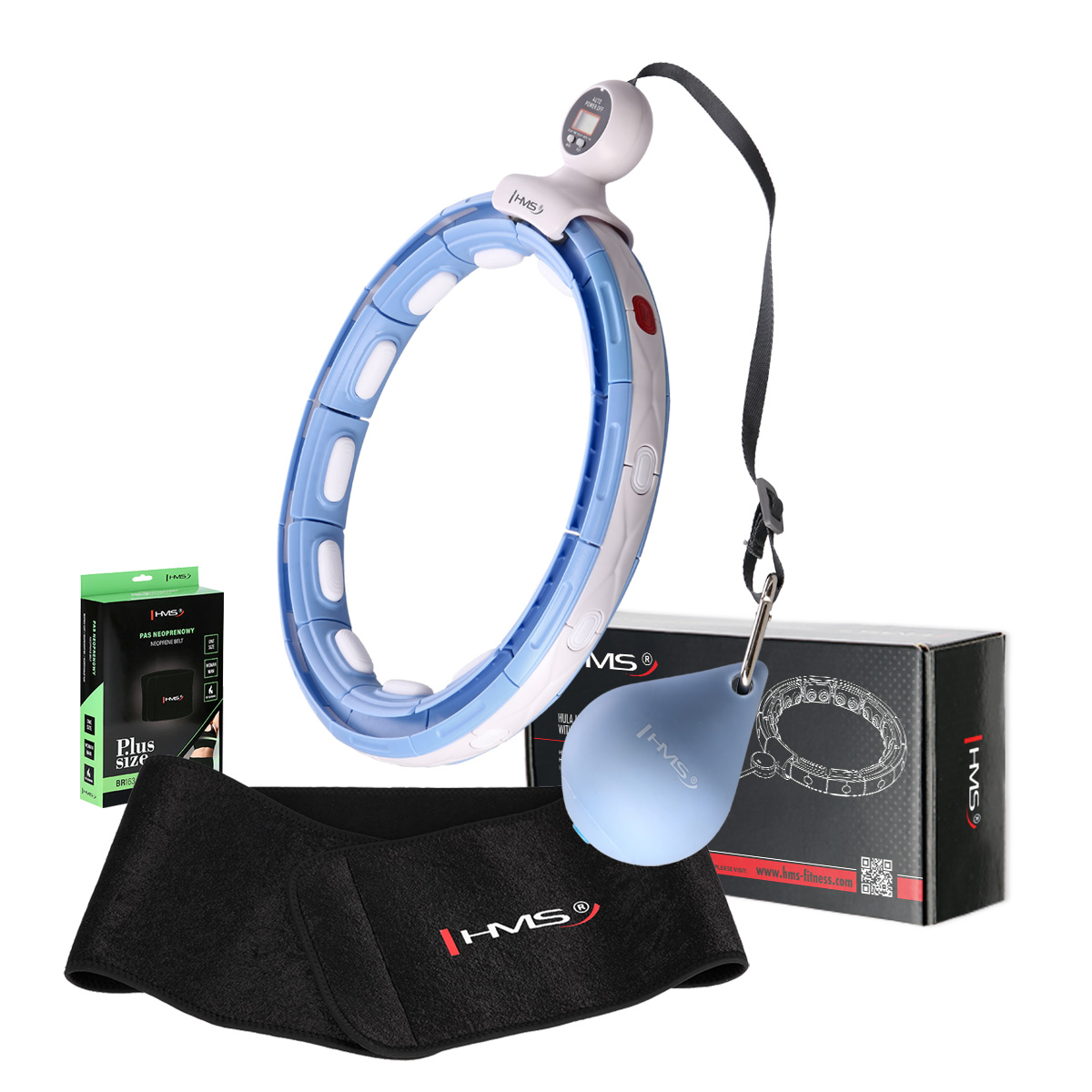 Sada masážní hula hoop HMS HHM15 modrá se závažím, magnety a počítadlem a zeštíhlujícího pásu BR163 PLUS SIZE