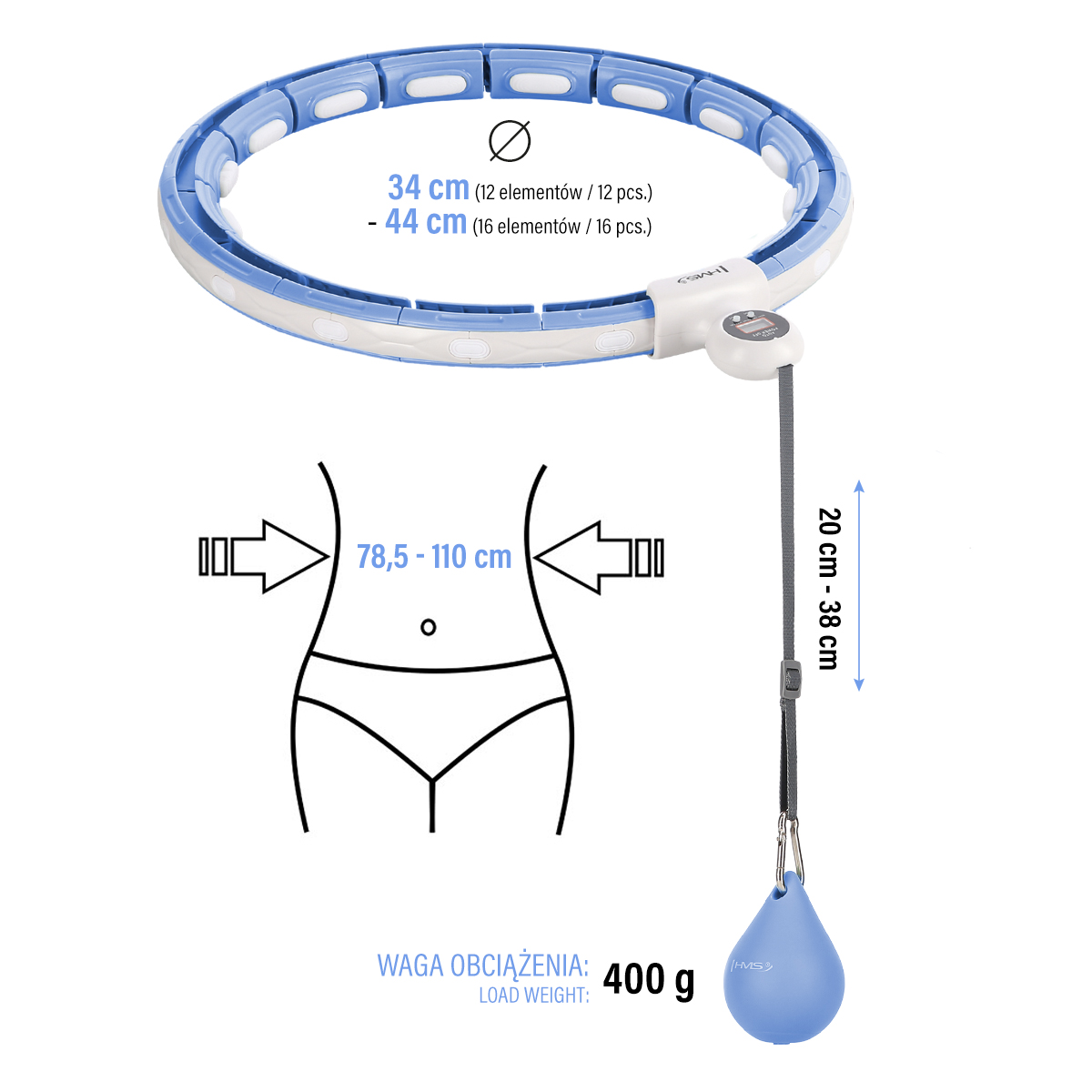 Sada masážní hula hoop HMS HHM15 modrá se závažím, magnety a počítadlem a zeštíhlujícího pásu BR163 PLUS SIZE