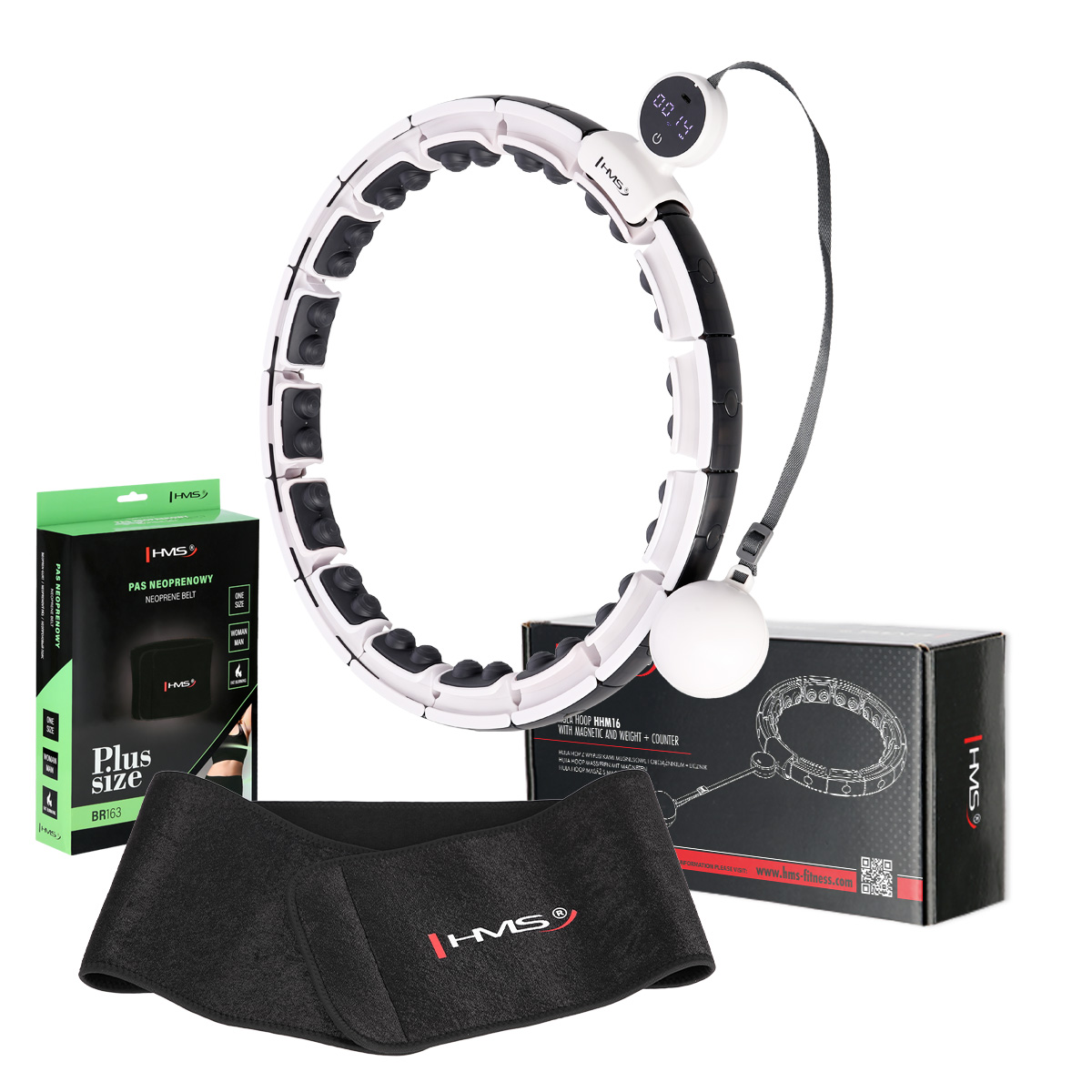 Sada masážní hula hoop HMS HHM16 bílá se závažím, magnety a počítadlem a zeštíhlujícího pásu BR163 PLUS SIZE