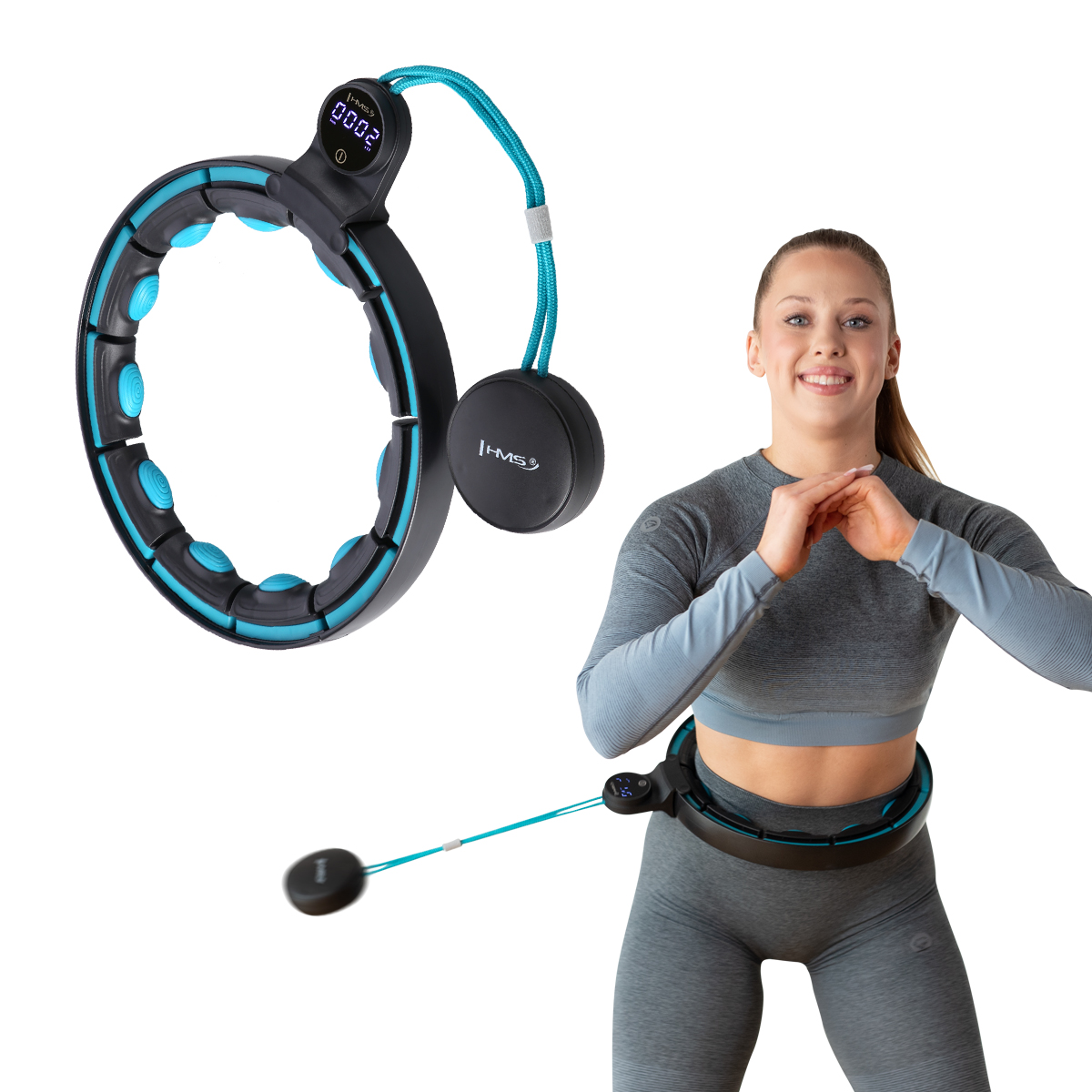 Sada masážní hula hoop se závažím HHM17 a zeštíhlujícího pásu BR163 černá/tyrkysová