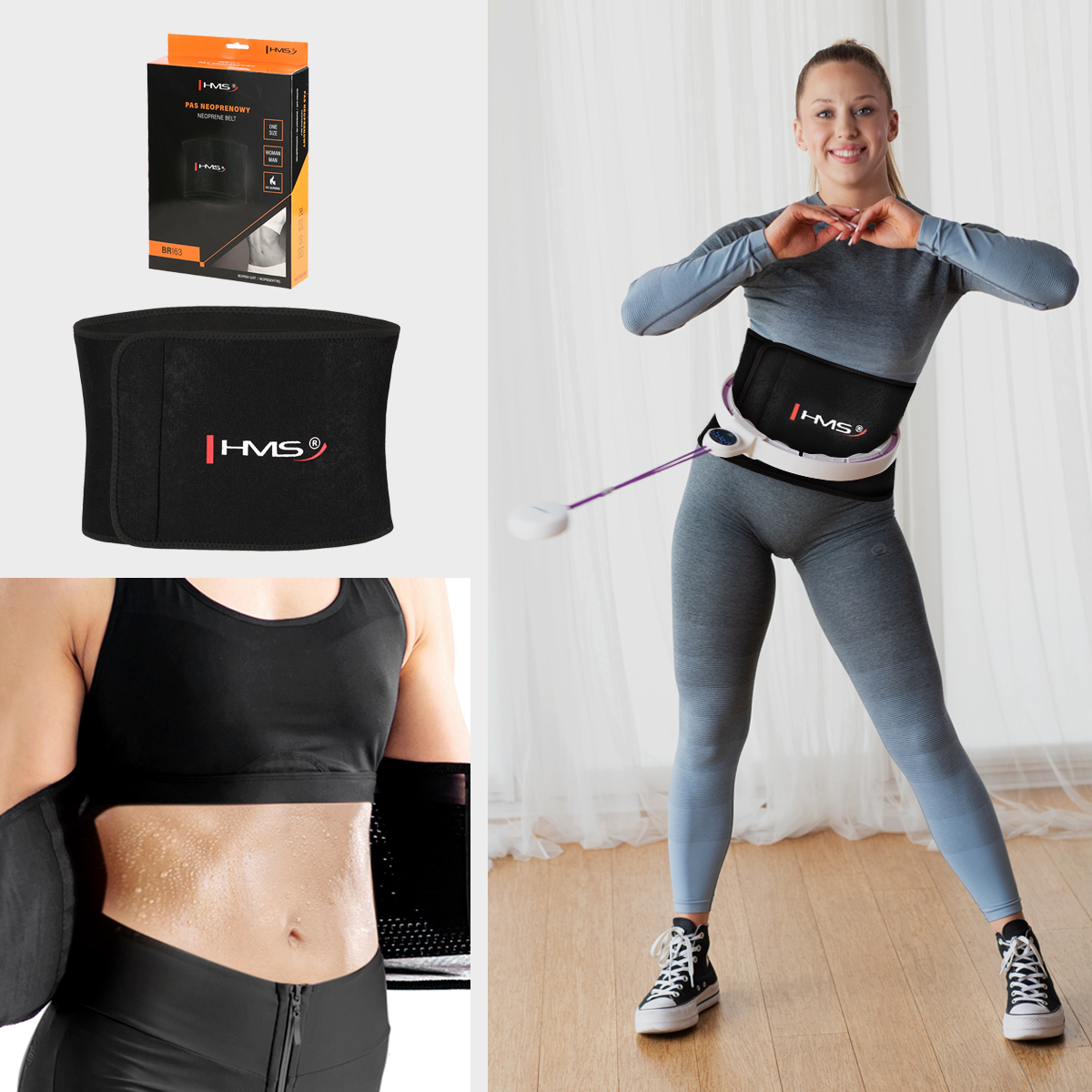 Sada masážní hula hoop se závažím HHM17 a zeštíhlujícího pásu BR163 bílá/fialová