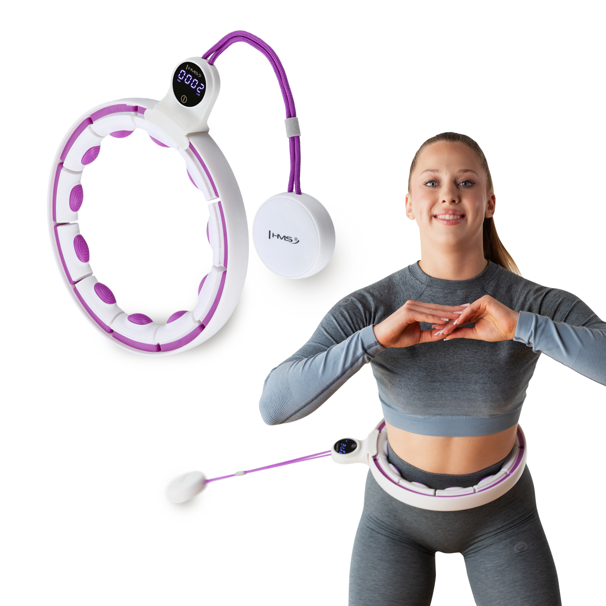 Sada masážní hula hoop se závažím HHM17 a zeštíhlujícího pásu BR163 bílá/fialová