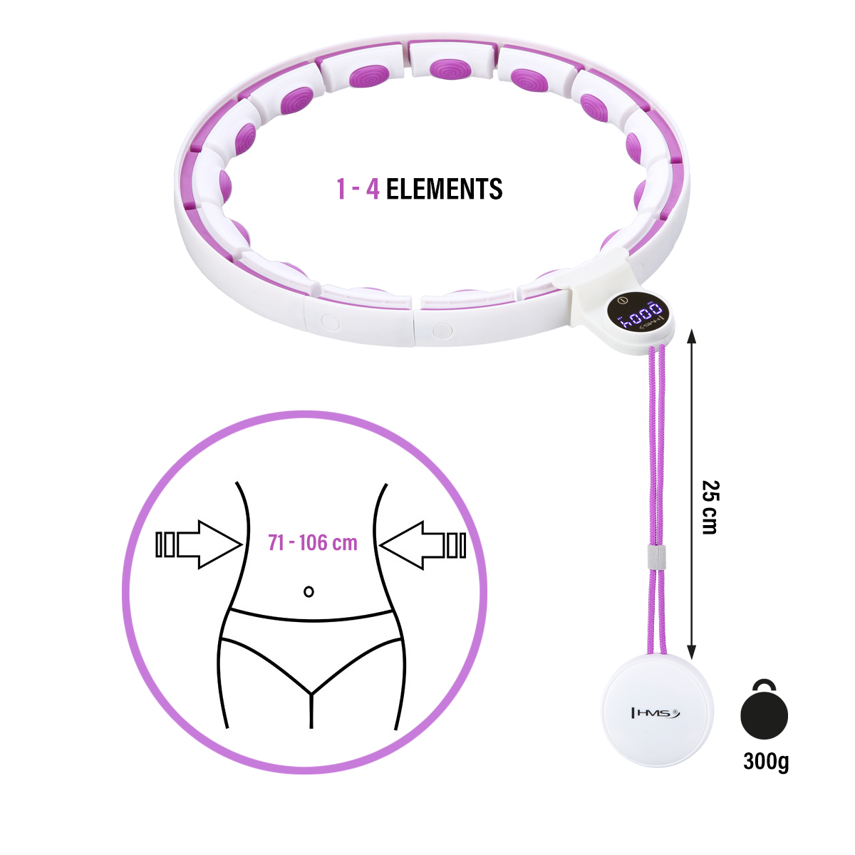 Masážní hula hoop HMS HHM17 se závažím, magnety a počítadlem bílá/fialová