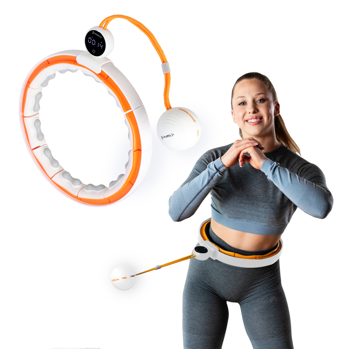 Masážní hula hoop HMS HHM21 se závažím, magnety a počítadlem bílá/oranžová