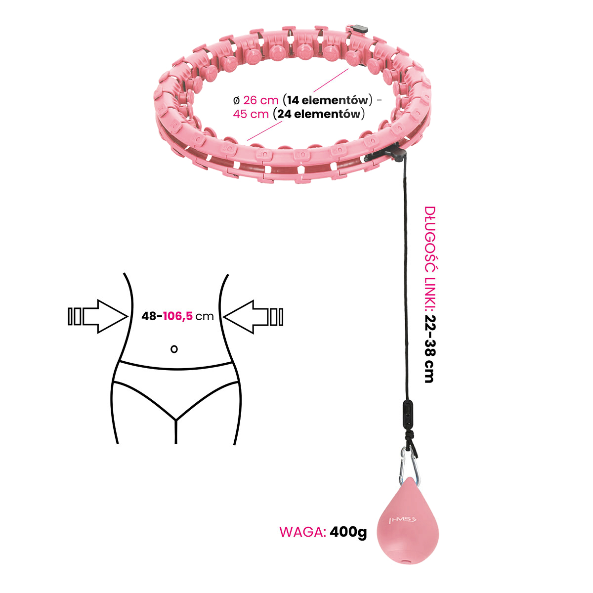 Sada masážní hula hoop HMS HHW01 se závažím a zeštíhlujícího pásu BR163 růžová