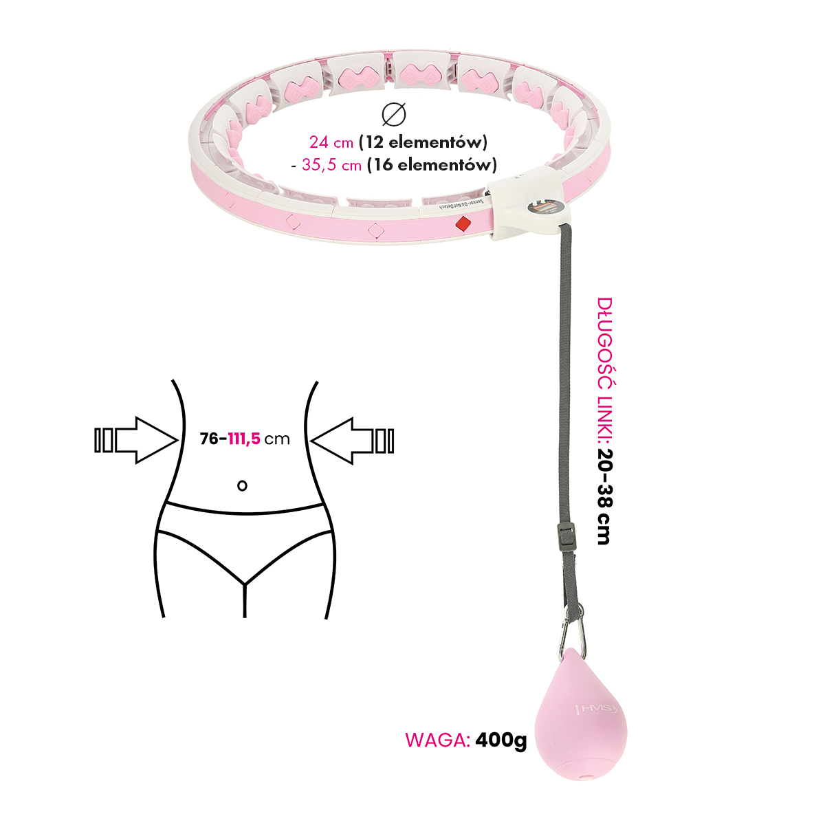 Sada masážní hula hoop HMS HHW06 růžová se závažím a počítadlem a zeštíhlujícího pásu BR163 plus size