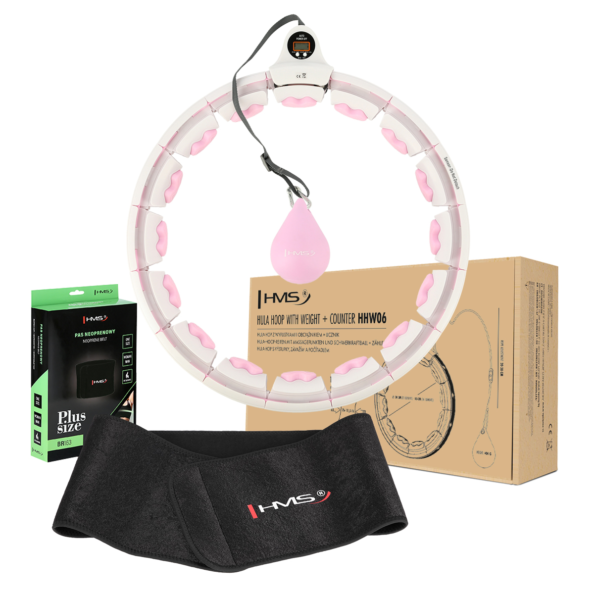 Sada masážní hula hoop HMS HHW06 se závažím a počítadlem a zeštíhlujícího pásu BR163 růžová