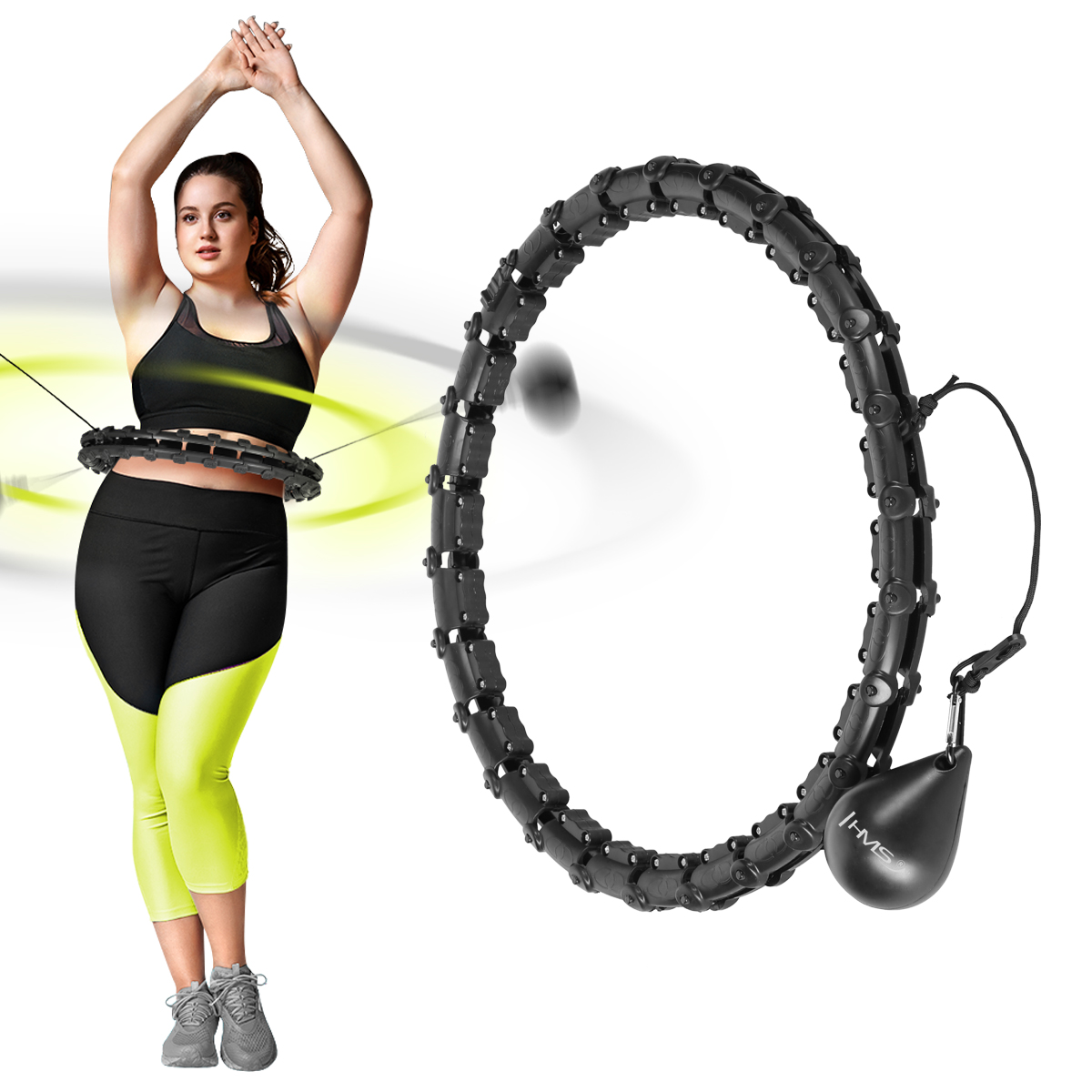 Sada černé masážní Hula Hoop se závažím HMS HHW11 a zeštíhlujícího bederního pásu HMS BR163 PLUS SIZE