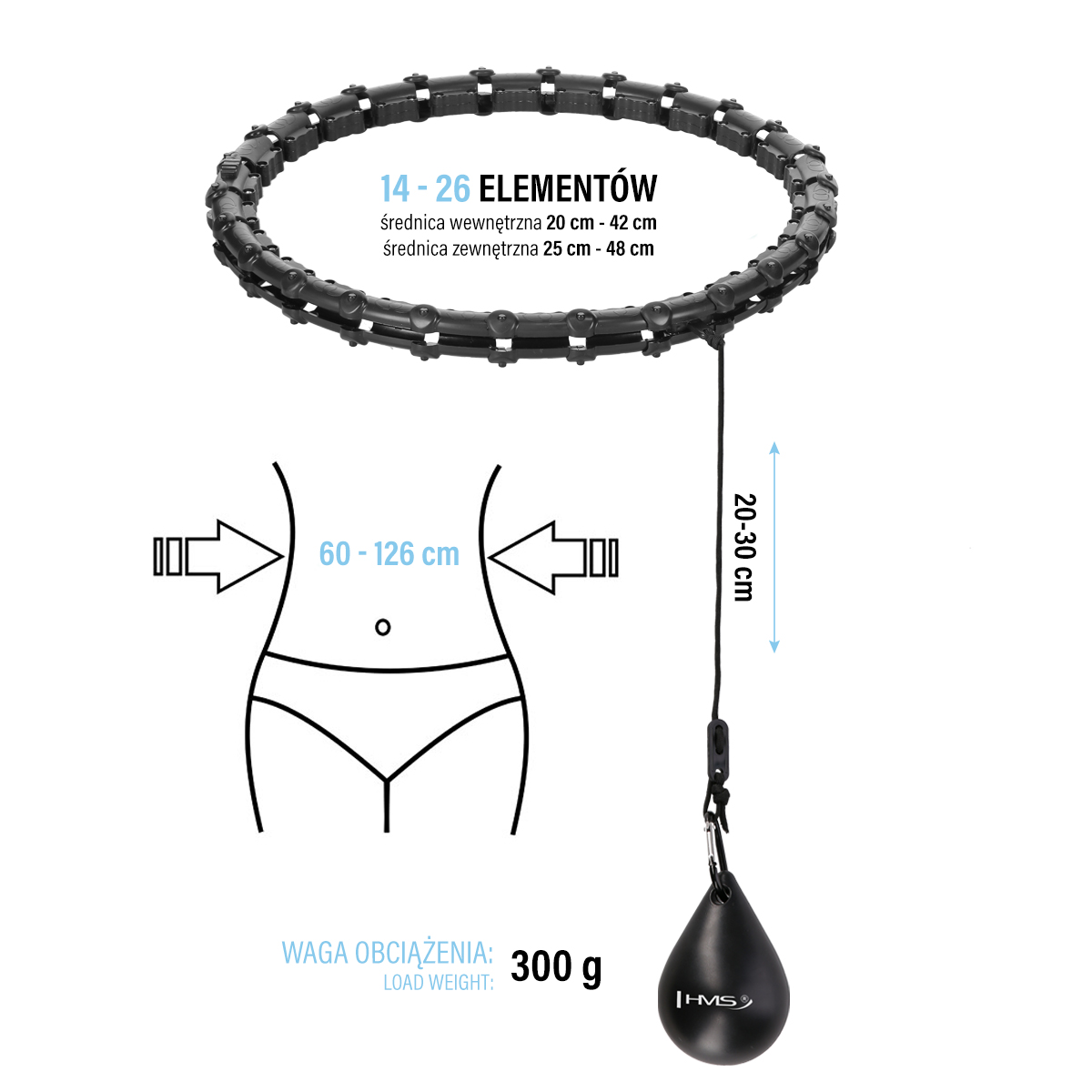 Sada černé masážní Hula Hoop se závažím HMS HHW11 a zeštíhlujícího bederního pásu HMS BR163 PLUS SIZE