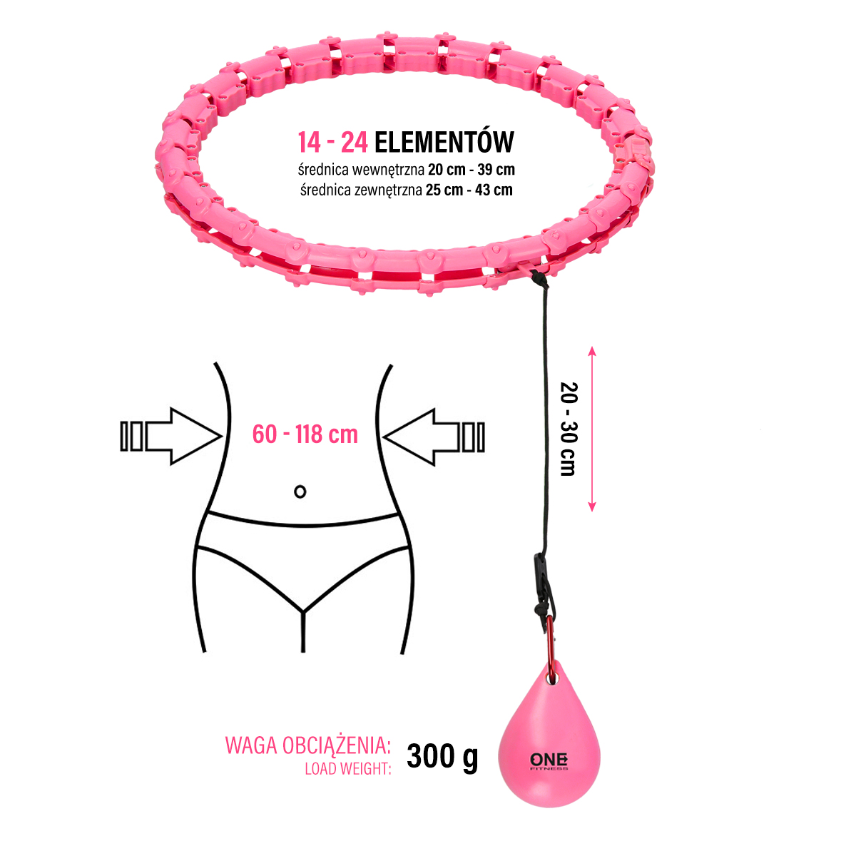 Sada masážní hula hoop ONE Fitness OHA02 se závažím a zeštíhlujícího pásu BR160 růžová