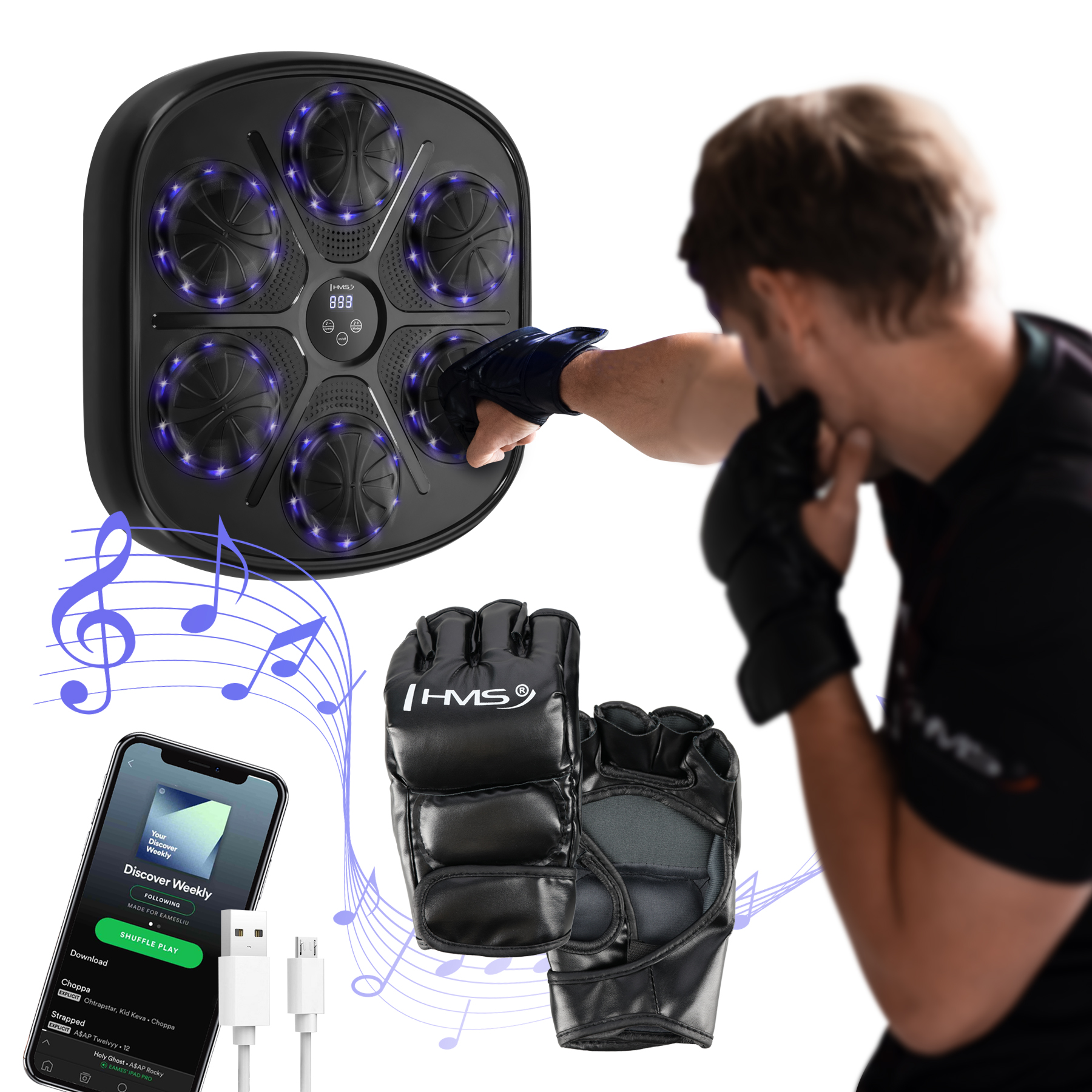 Elektronický boxerský terč HMS TB03 s LED, Bluetooth a rukavicemi (Music Boxing Machine)