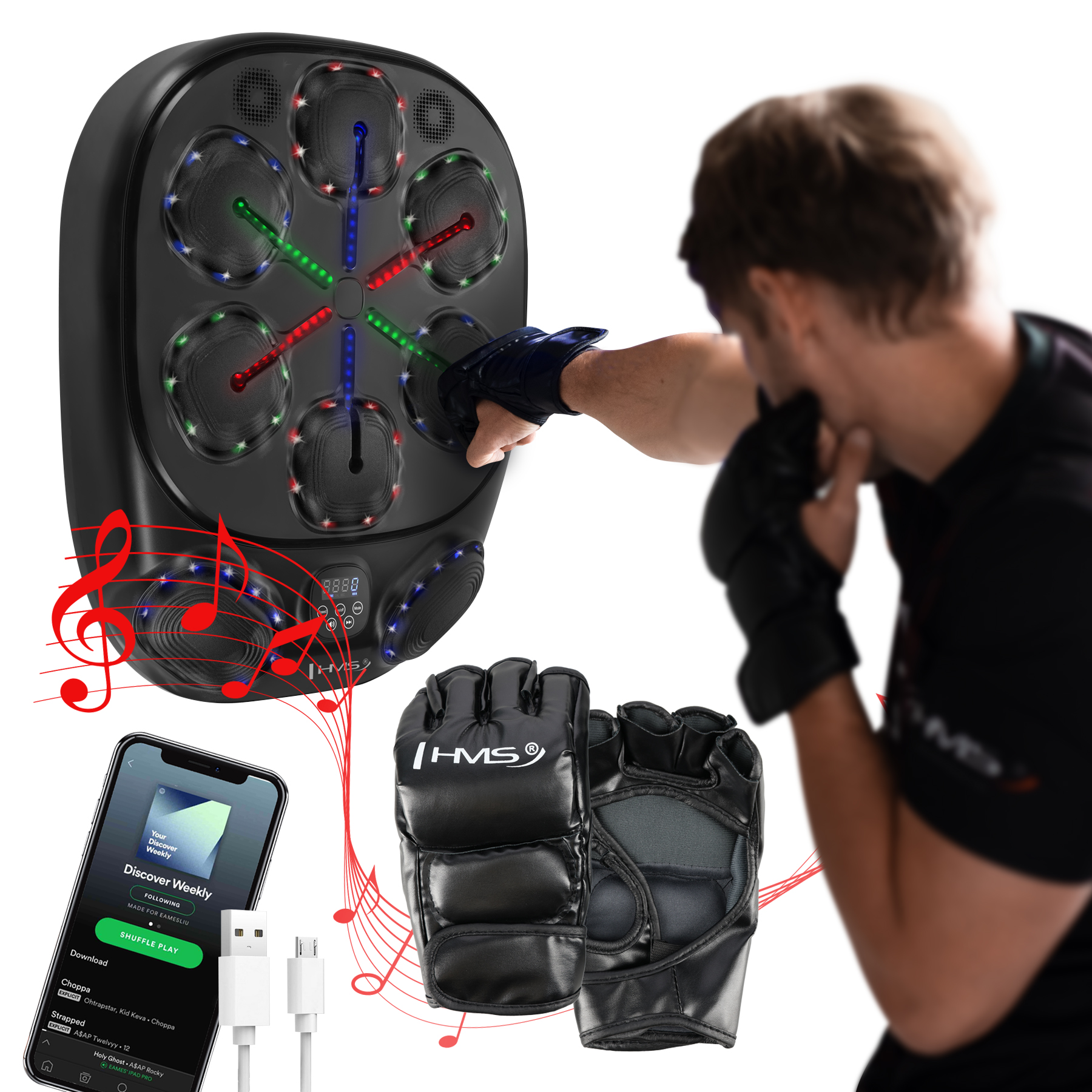Elektronický boxerský terč HMS TB10 s LED, Bluetooth a rukavicemi (Music Boxing Machine)