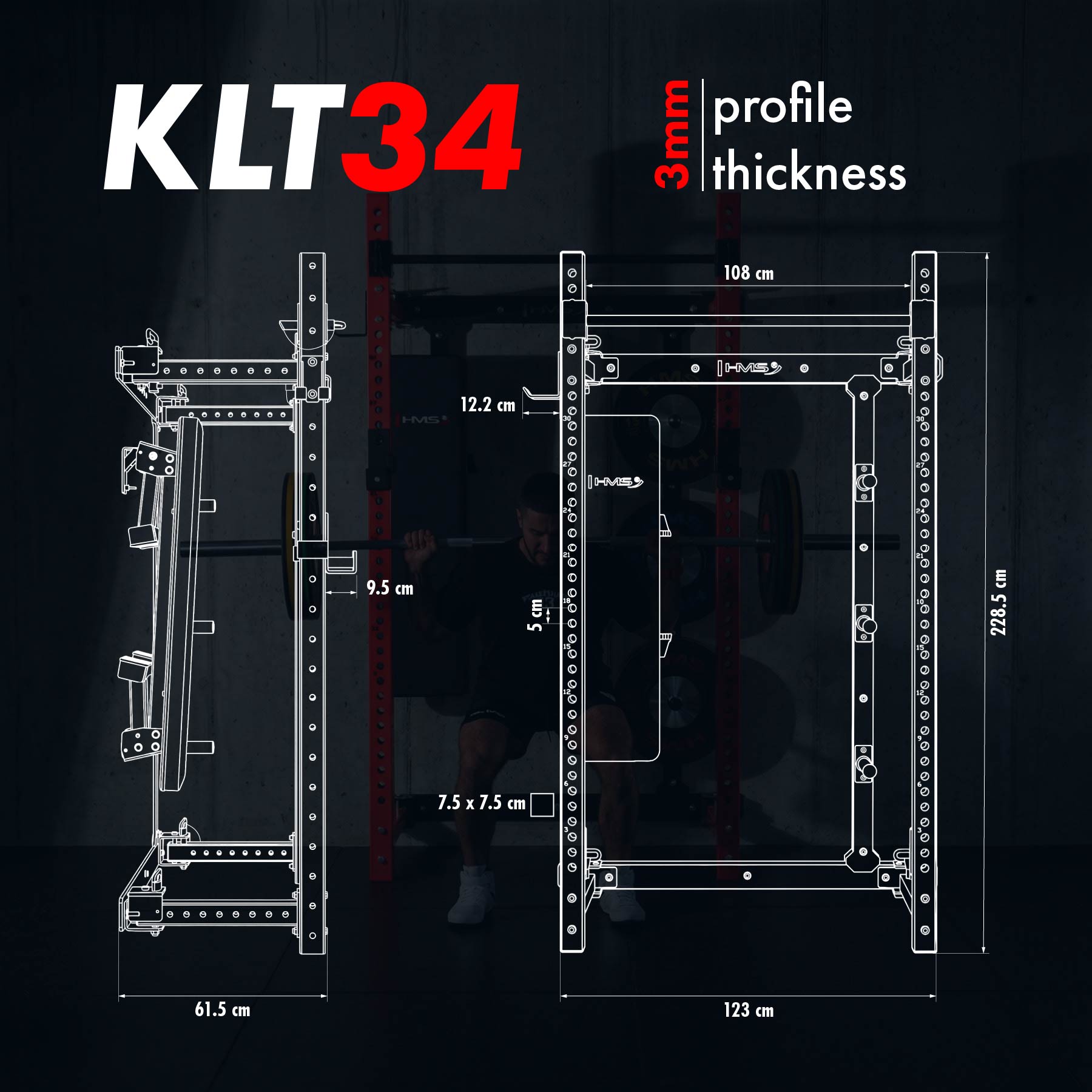 Multifunkční skládací posilovací stojan - Power Rack HMS KLT34 červený