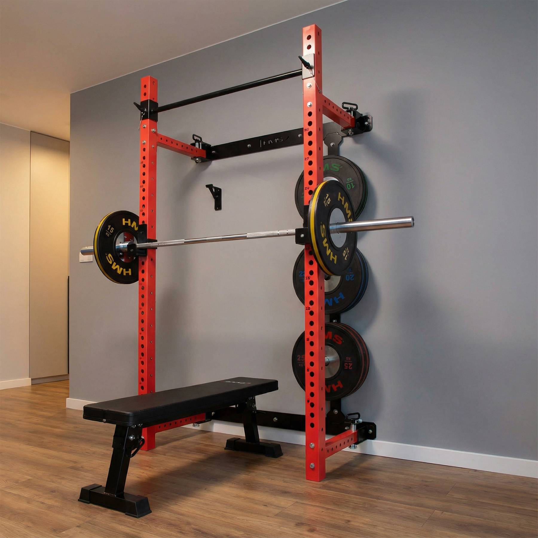 Multifunkční skládací posilovací stojan - Power Rack HMS KLT34 červený