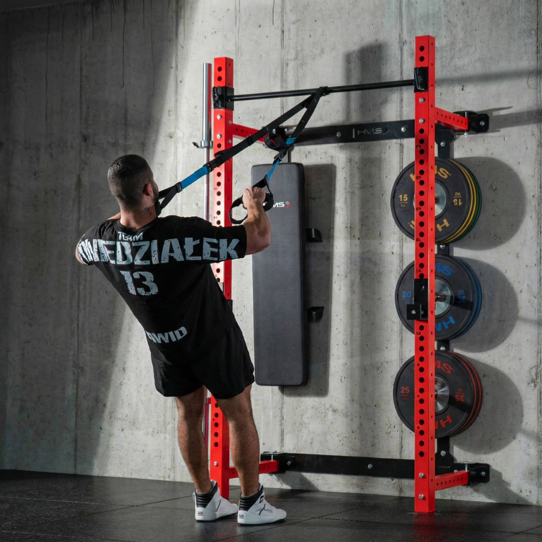 Multifunkční skládací posilovací stojan - Power Rack HMS KLT34 červený