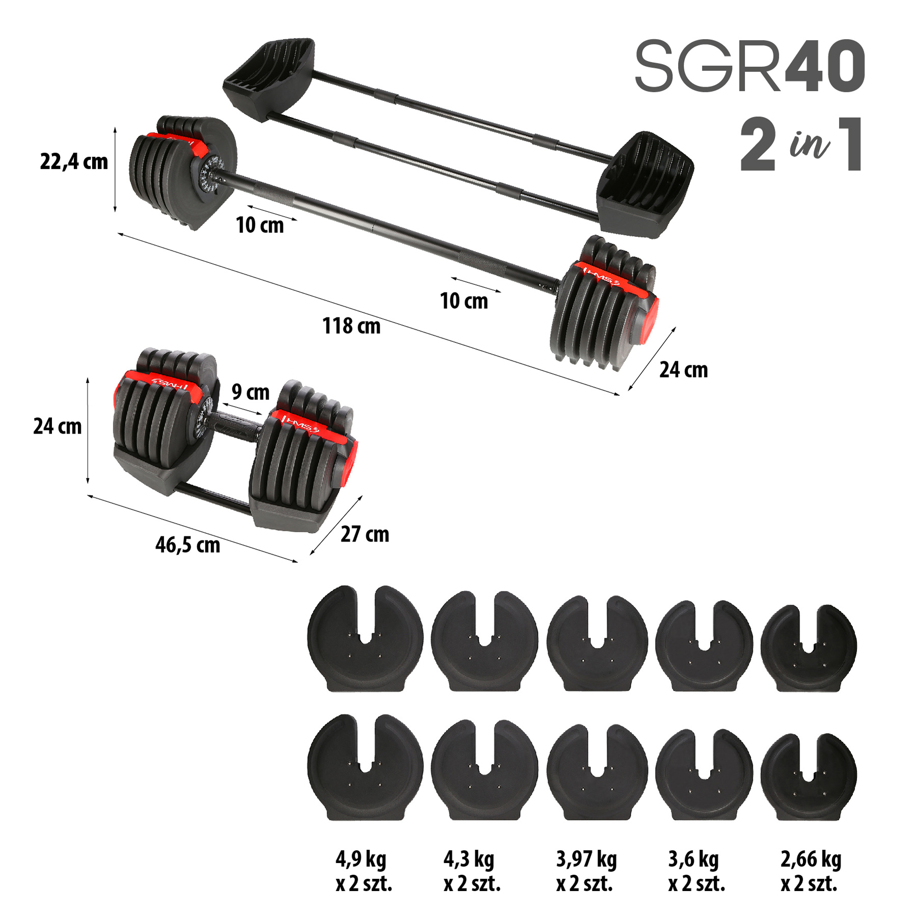 Jednoruční / obouruční variabilní činka HMS SGR40 PRO SET 2v1 40 kg