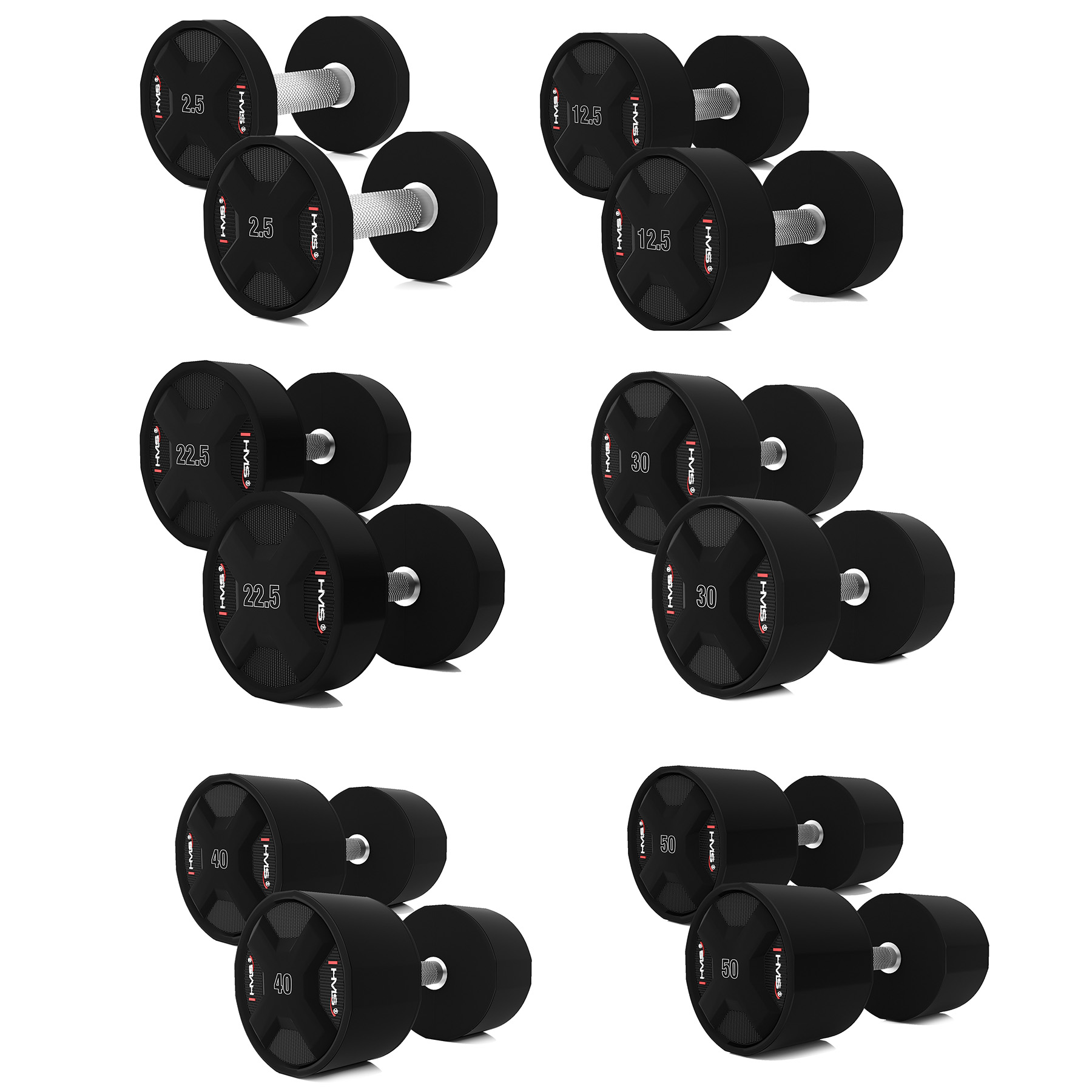 Sada jednoručních polyuretanových činek HMS HPC set 2 x 2,5 - 50 KG CPU - 1050 KG