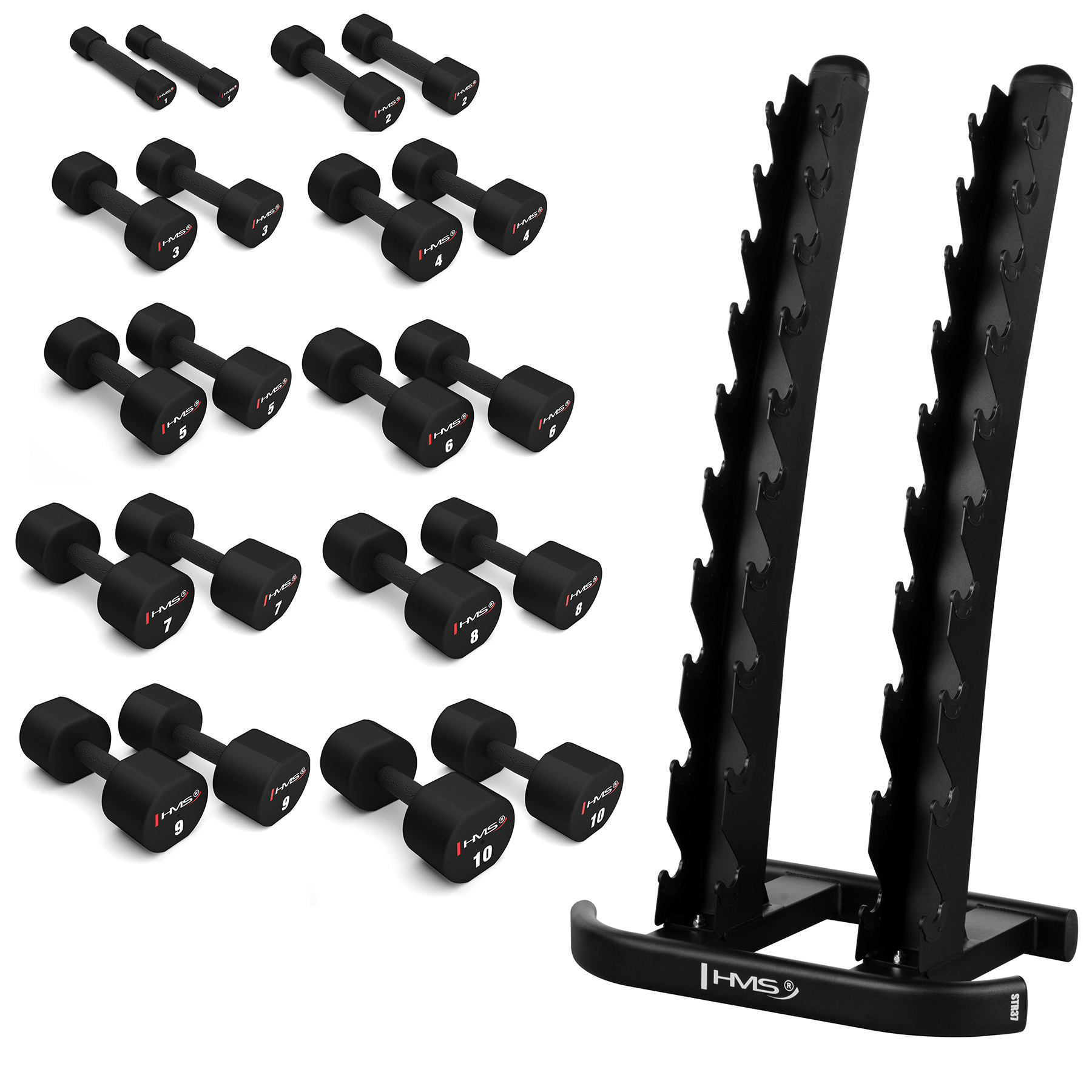 Sada 10 párů jednoruček HMS HPT 1-10 kg a stojanu STR37
