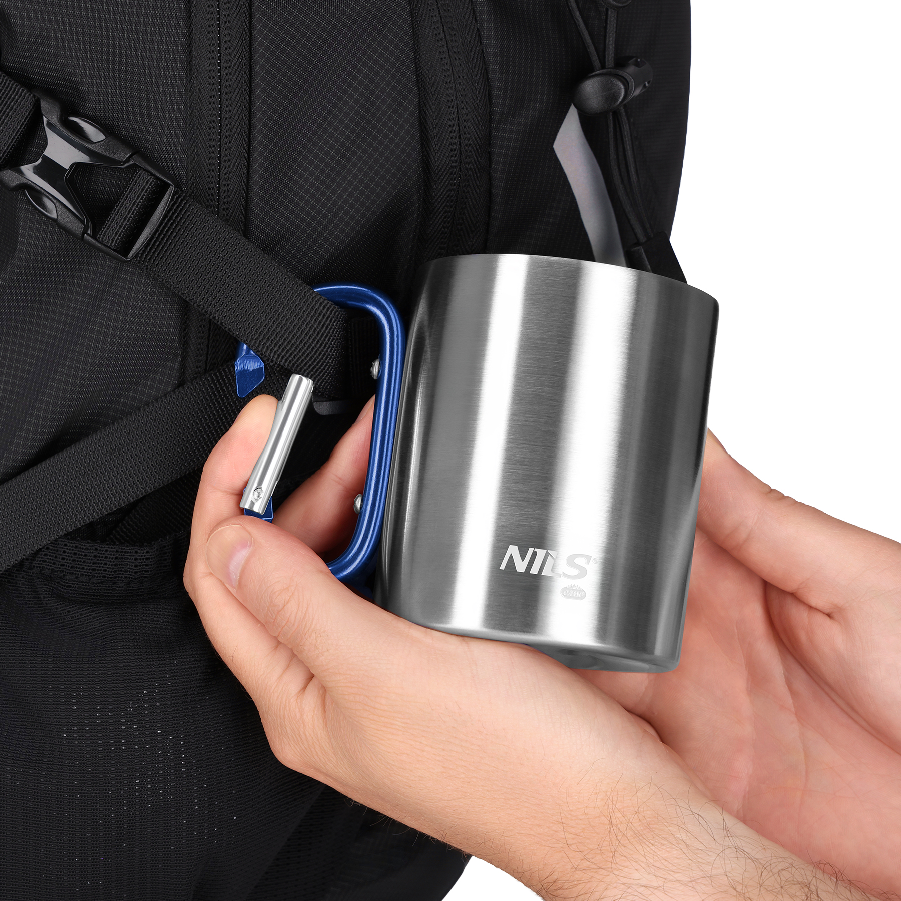 Kempingový hrnek NILS Camp NC17110 s karabinou 300ml modrý