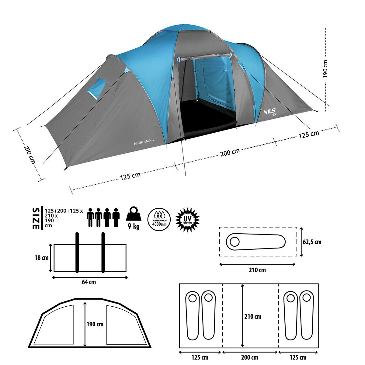 Rodinný stan NILS Camp NC6431 Highland IV modrý/šedý